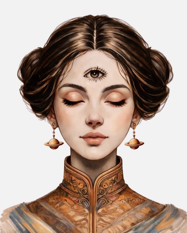 The Third Eye Thirst illustration, a woman with a third eye and planet earrings
